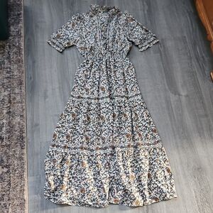 Max Studio Long Floral Dress - Black, White, Brown